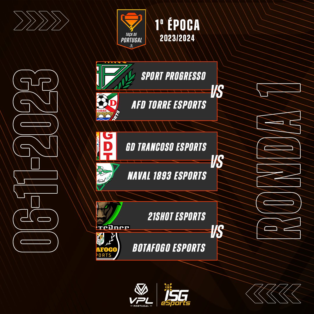 Tem ínicio os oitavos de final da taça já daqui a pouco, com grandes jogos 🔥

Boa sorte a todas as equipas

#VPLPortugal #ISGeSports #FC24
#ProClubs