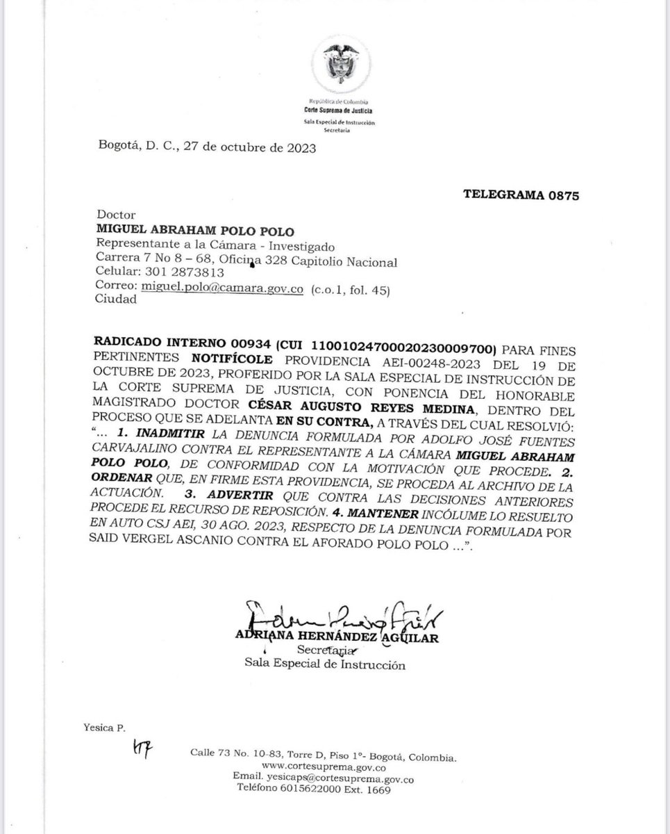 MiguelPoloP's tweet photo. Alguien me denuncio porque según amenace al guerrillero al decirle en tarima que “se aquieta o lo aquietamos”. La Corte Suprema de Justicia la RECHAZA y no le da trámite. Los mamertos siguen desesperados por callarnos pero no van a poder…. Así como dijo la señora aquella: pueden llorar, gritar, patalear y demandarme si quieren…  😏