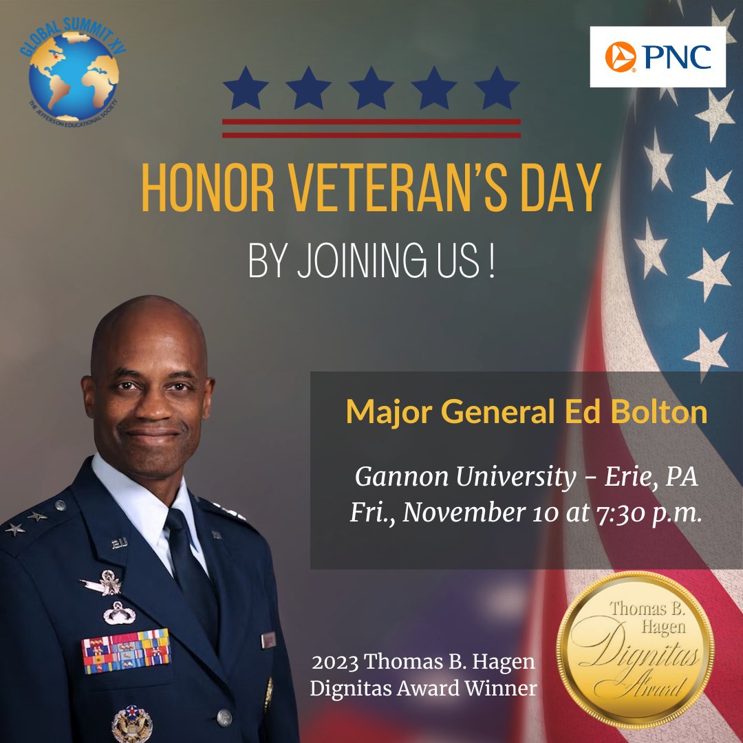 Celebrate Veteran's Day With Us! Come to our Global Summit event this Friday 'From Erie to the White House and Beyond' featuring Major General Ed Bolton. Click the link below for more information and tickets! jeserie.org/global-summit-…
