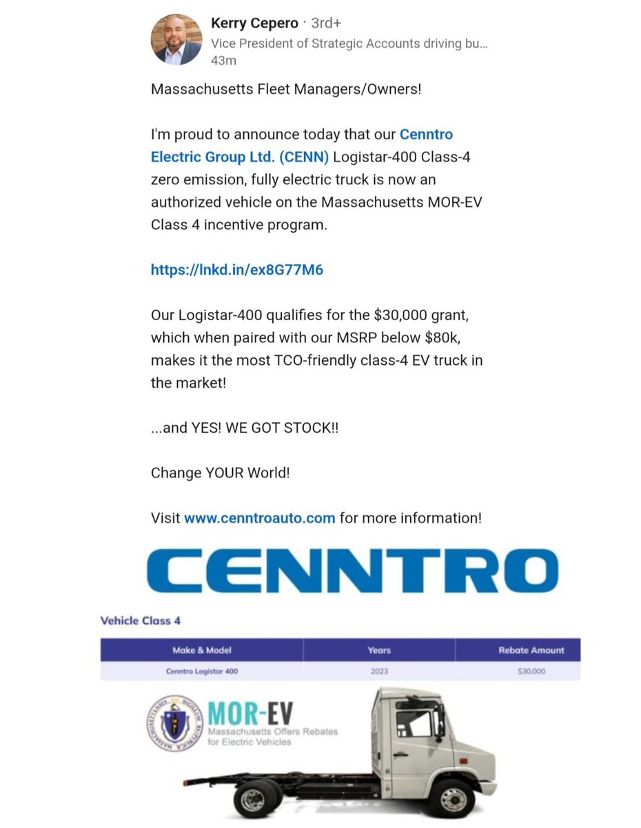 _X_Alex_'s tweet image. #CENNTRO • $CENN
#ELECTRICVEHICLE #EV
•
Kerry Cepero :

I'm proud to announce today that our
@CenntroMotors #Logistar 400
#LS400 is now an authorized vehicle
on the #Massachusetts
MOR-EV Class 4 incentive program

In post link ⬇️
mor-ev.org/eligible-vehic…
•