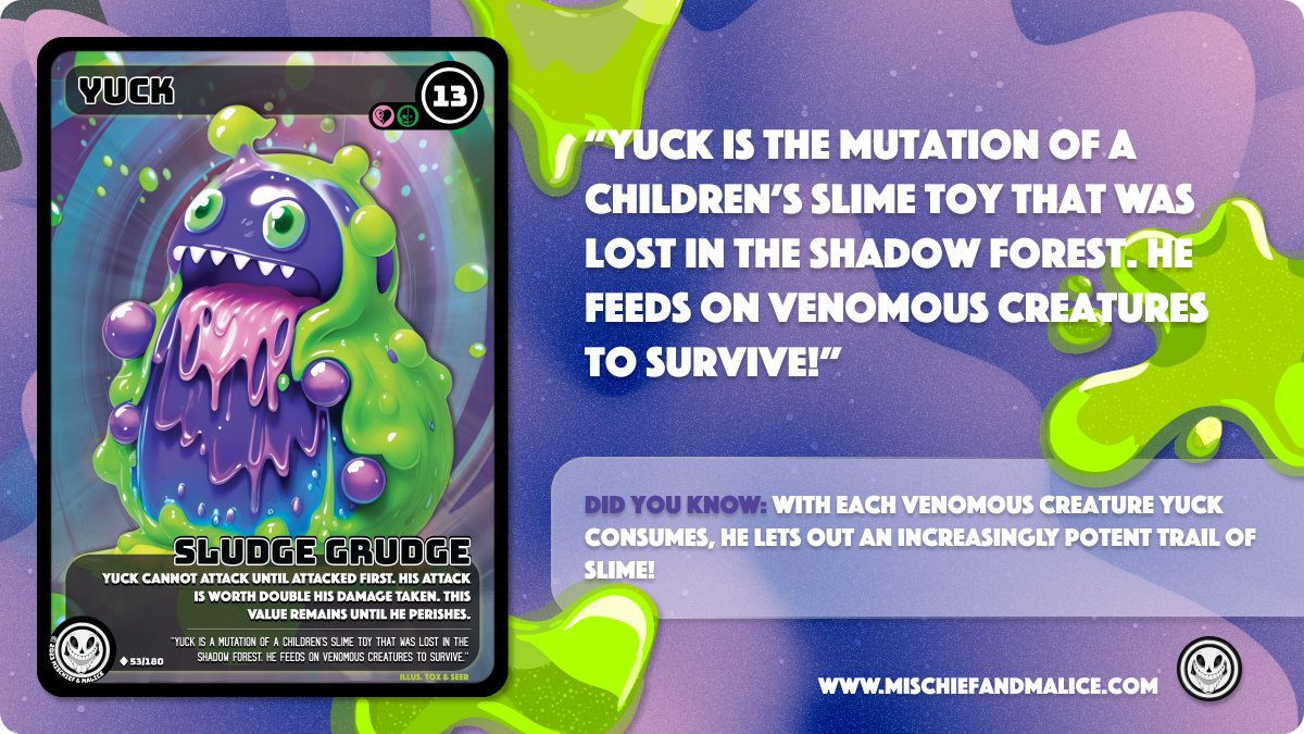 Introducing: Yuck!      

With each venomous creature Yuck consumes, he lets out an increasingly potent trail of slime!  

Join our server through the link below: 👇
discord.gg/mischiefandmal…
#mischiefandmalice