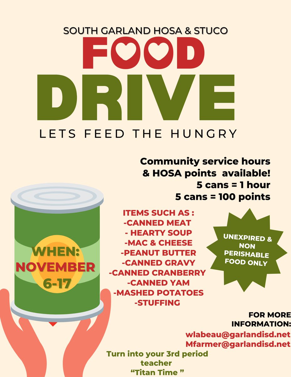 SgStuco's tweet photo. Titan Nation! We have partnered with HOSA to help feed our community this holiday season! Please help donate any perishable foods! 💙❤️ #TITANUP https://t.co/GE819MMVaO