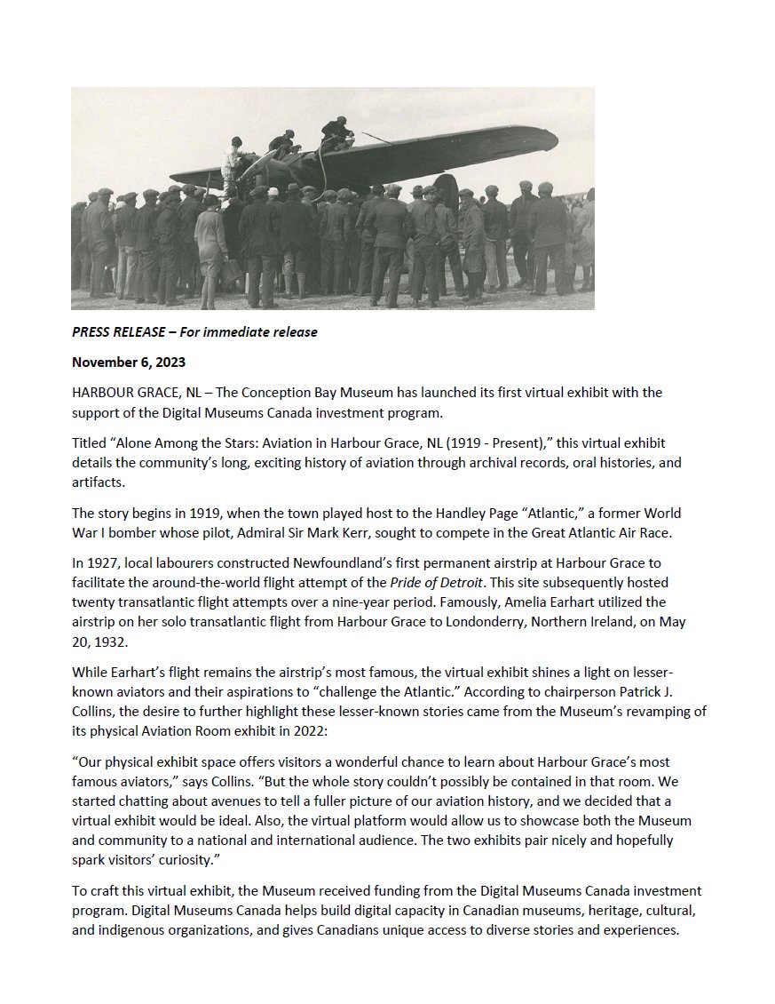 cbmuseum1870's tweet photo. PRESS RELEASE - For immediate release

November 6, 2023

Conception Bay Museum launches first virtual exhibit with support from Digital Museums Canada

Visit the virtual exhibit here: https://t.co/RhD6YYnGEq

#cbmuseum #hrgrace #harbourgrace #aviation https://t.co/4q9lTNSKD9