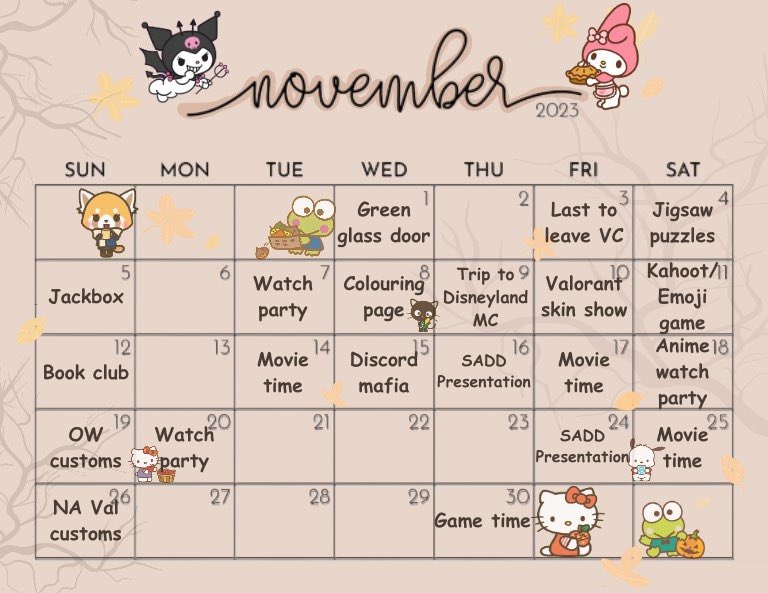 Happy Monday Ladies !💖

Our November Events Calendar is here. We will have a lot of new activities and clubs this month, so make sure to check those out. which are you most excited for? let us know!
#Starless #Girlgaming #Discord