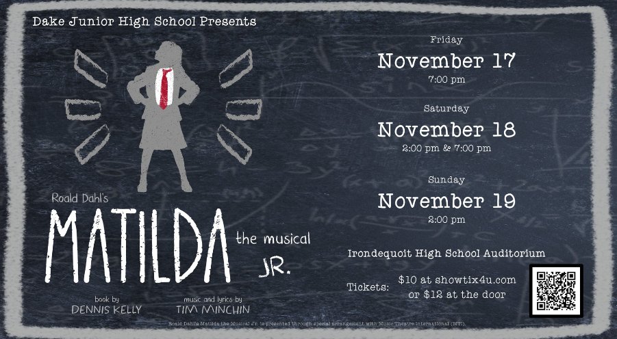 OPENING NIGHT THIS FRIDAY!

🎟️Tickets for the Dake Jr. HS Musical, Matilda Jr., are on sale!

💳$10 online; $12 at the door

🗓️This Friday-Sunday (4 shows)

🔗 Link: showtix4u.com/event-details/…

Come watch our best young actors shine!