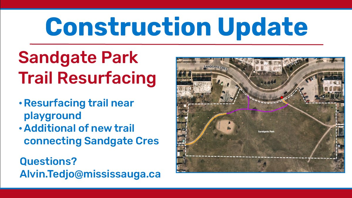 AlvinTedjo's tweet photo. Work is coming to Sandgate Park🔧
🟠Work to resurface the trail near the playground
🟣New Trail being added to connect the existing trails and Sandgate Cres
Questions➡️Alvin.Tedjo@mississauga.ca https://t.co/hgUnvDkYLX