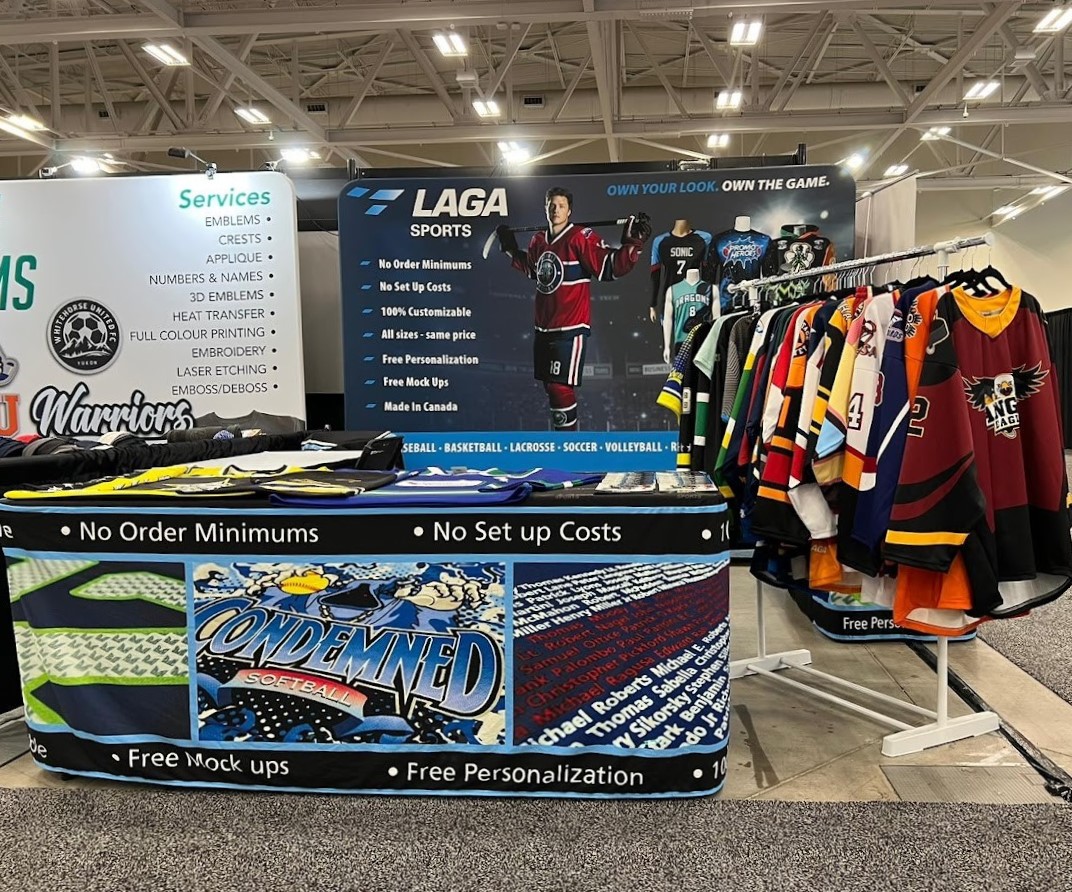 LAGAsports's tweet photo. We're all set up at the @sourceforsports buying show in Niagara Falls! You know the drill, if you're here we'd love to see you! Come say hi 😁👋

#hockey #hockeycanada #hockeyjerseys #sportwear  #madeincanada #custommade #tradeshow #niagrafalls #sfs #sourceforsports https://t.co/RtIYomHxBl