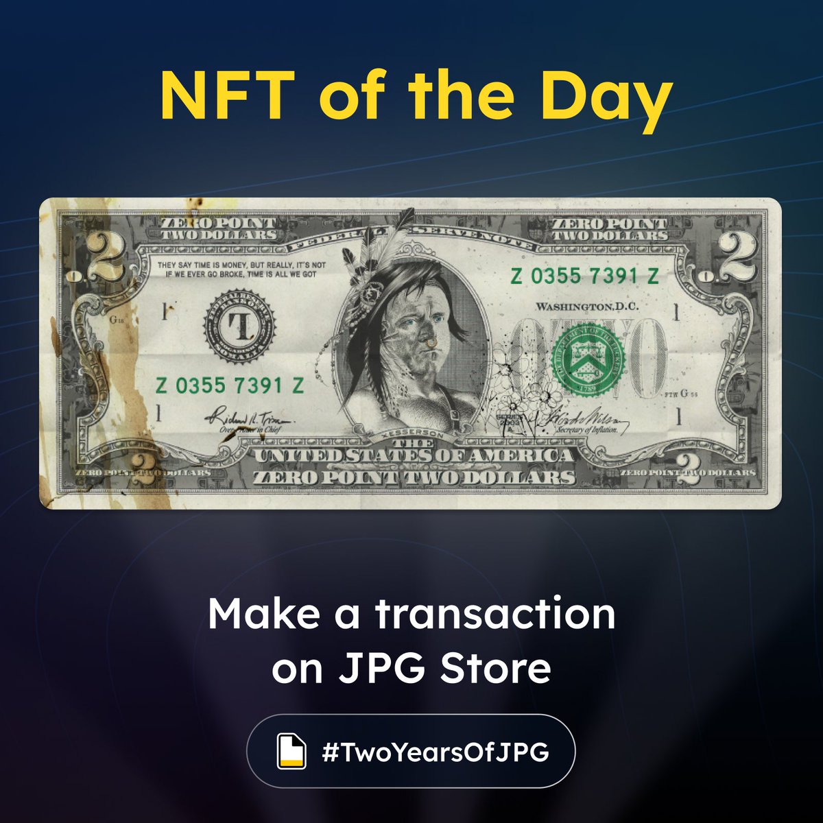 Giveaway Day 7 #TwoYearsOfJPG 🎁

Today an <a href="/OldMoneyNFT/">Old Money</a> bill is up for grabs! 💵

Like + RT this post ✅

To Enter:

All purchases and offer accepts between 6th Nov 8pm UTC to 7th Nov 4pm UTC will be entered. One entry per action! 🔥