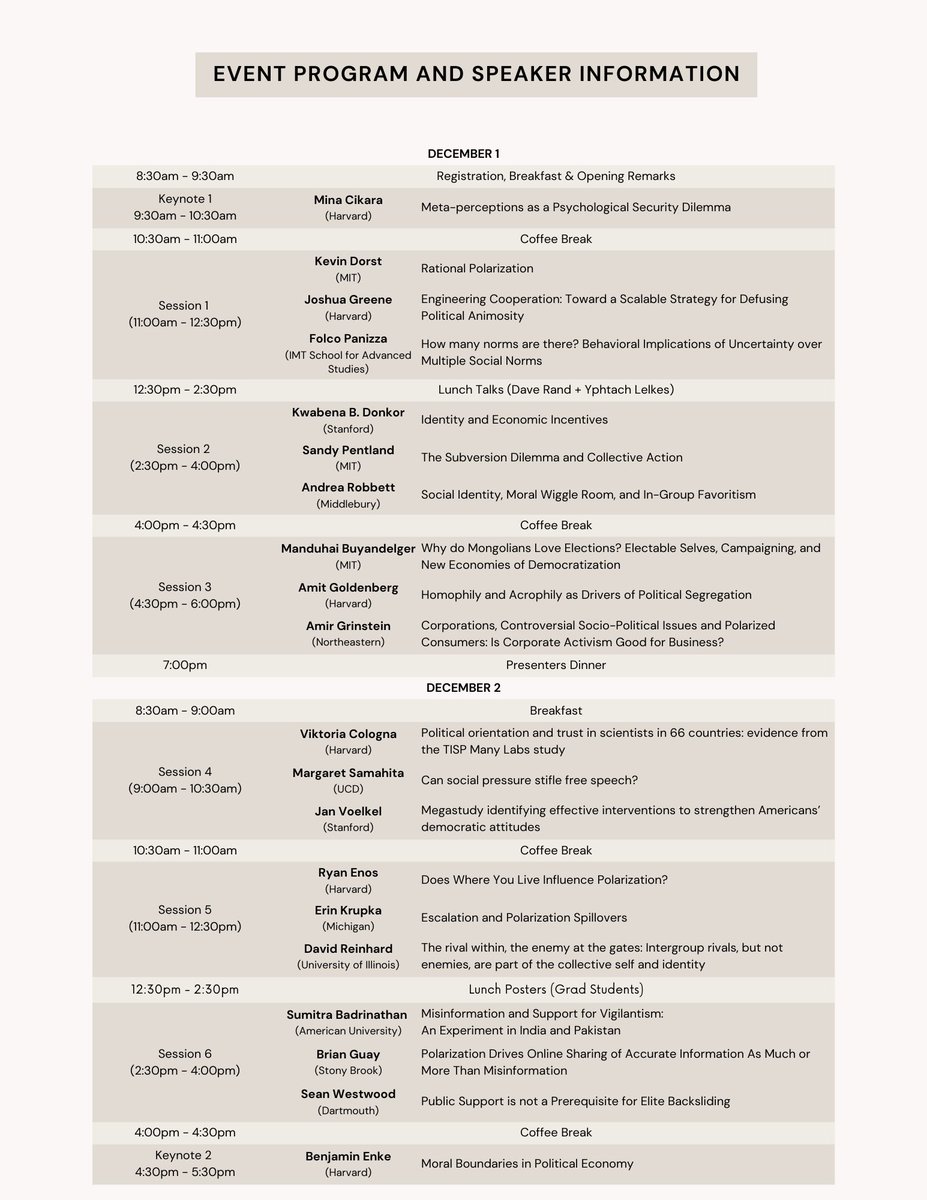 eugen_dimant's tweet photo. 🚨Interested in the newest research on polarization, norms &amp; trust?🚨

Join our workshop on 𝐃𝐞𝐜 𝟏-𝟐 @ 𝐌𝐈𝐓, co-organized with @DG_Rand, @ylelkes &amp; @kati_kish

Keynotes from @profcikara &amp; Ben Enke + many superstar speakers

𝐑𝐞𝐠𝐢𝐬𝐭𝐫𝐚𝐭𝐢𝐨𝐧: https://t.co/BdsVG1kA7k https://t.co/B2L9M0aYsp
