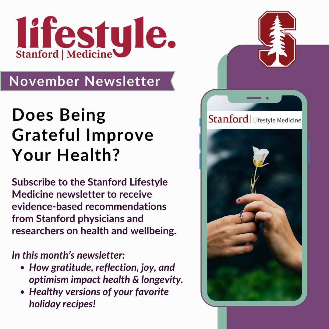 Subscribe to the Stanford Lifestyle Medicine monthly newsletter to receive our upcoming issue, which delves into how gratitude, reflection, joy, and optimism impact health and longevity 🙂🌱

Subscribe here: lp.constantcontactpages.com/su/3hS0kdC