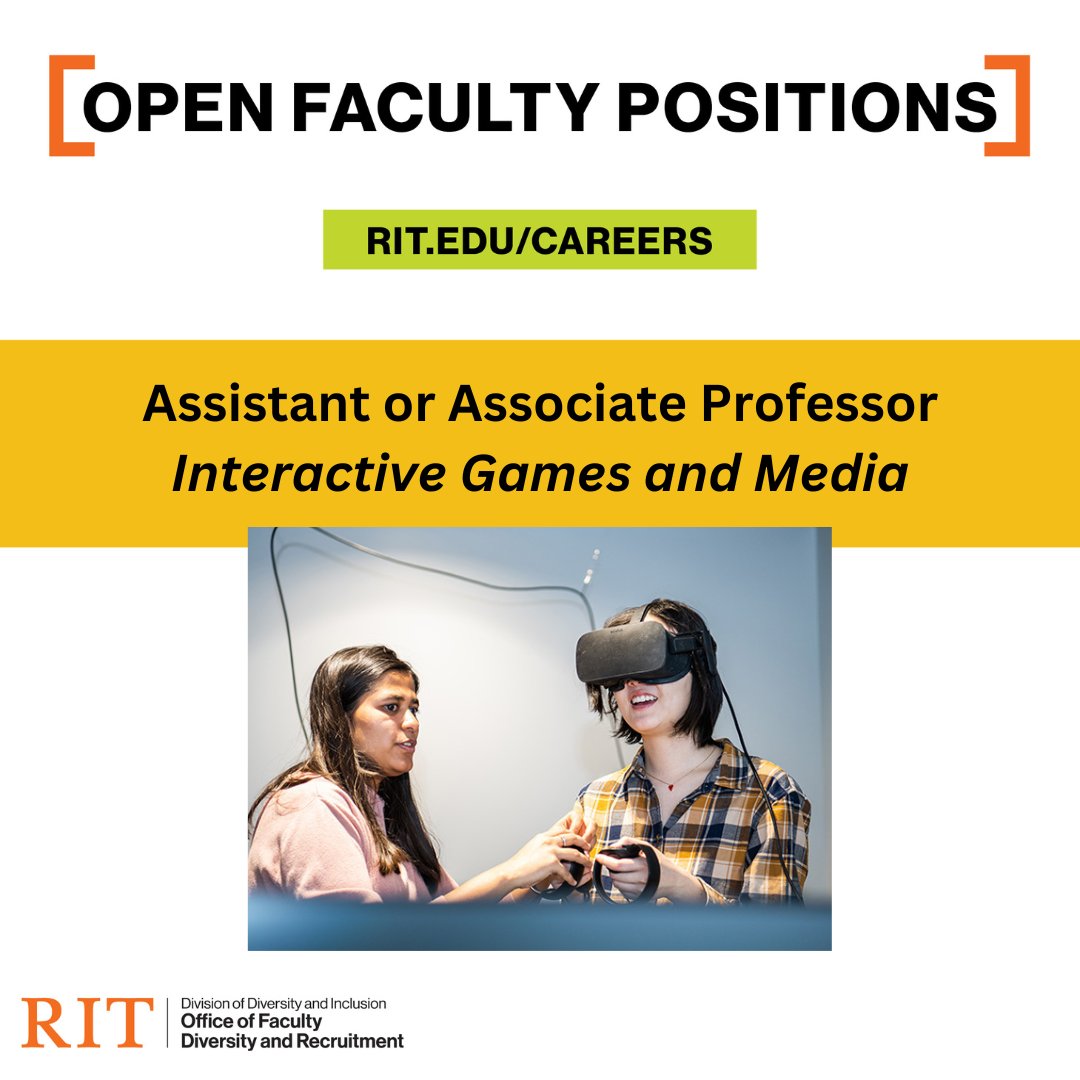 FacultyRecruit's tweet photo. 🔻Faculty Job Alert🔻
@IGMRIT in @RITGolisanoCCIS seeks an Asst/Assoc Prof who's a strong, creative researcher with high technical/computational skills in media technologies, design &amp; computational arts. 
https://t.co/wgMJzeiPZV
#futurefaculty #facultydiversity  #blackingaming https://t.co/KnKkXGEQEq