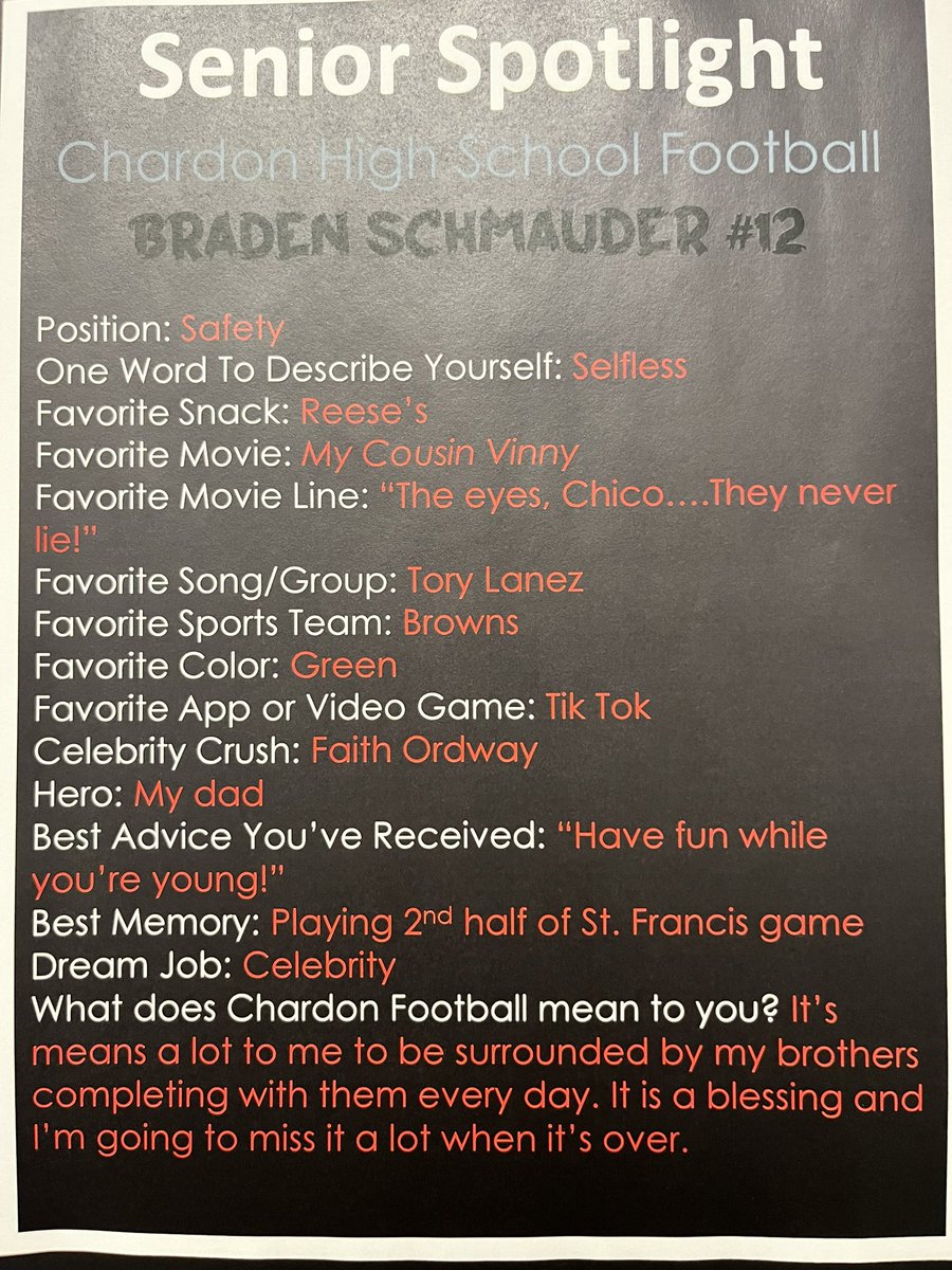 Kvujaklija's tweet photo. CHS Senior Spotlight: Braden Schmauder #12. Coaches commented that Braden is a person everyone loves! He’s always happy, works really hard and is 100% supportive of his friends. His teammates all adore him. We are lucky to have him in our family! @topperfb @ChardonGridiron https://t.co/2BQOeQOaUu
