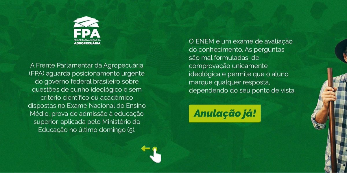 DamaresAlves's tweet photo. Nota Oficial da FPA sobre as questões do
ENEM envolvendo a atividade agropecuária.
Não ficaremos calados diante tamanha falta de honestidade intelectual e científica com o setor agropecuário brasileiro, com a academia brasileira, contra a população rural, contra quem garante alimento de qualidade para bilhões ao redor do mundo e emprega diretamente milhares de brasileiros, criando acesso à comida. E você? De que lado está? De um governo que fala mal dos brasileiros? O agro resgata nossas riquezas e garante um país mais justo, com empregos.
#Enem2023 #AnulaçãoJá 

Fonte: FPA