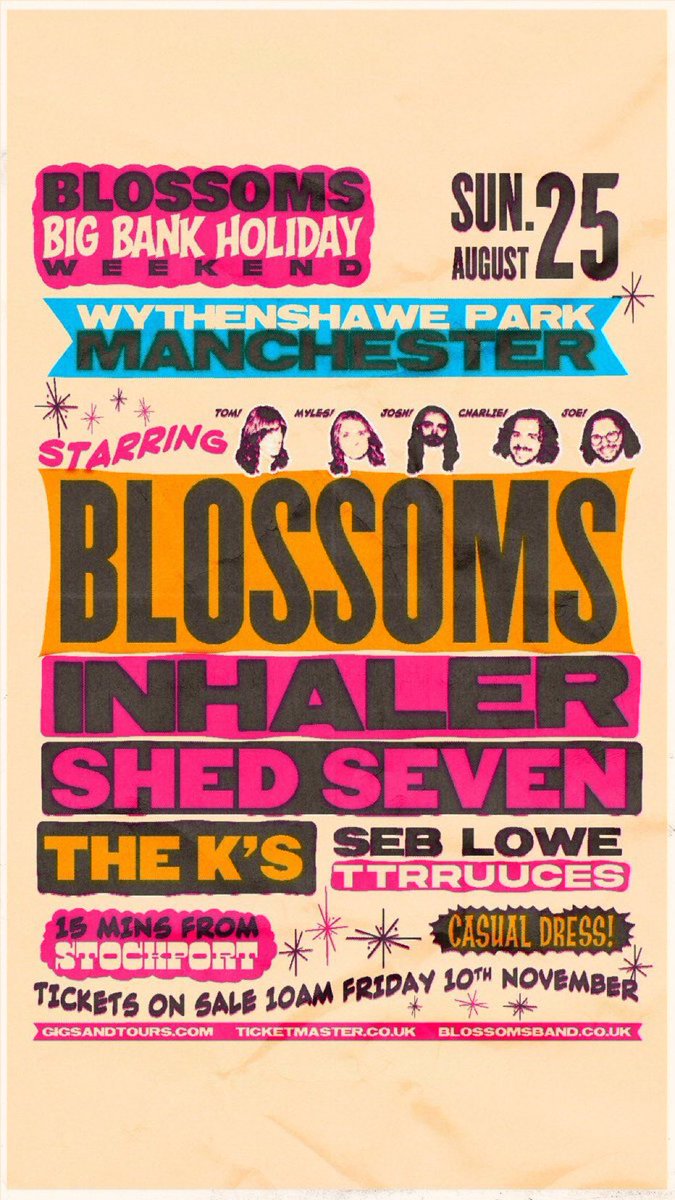 ManchesterDose's tweet photo. Refreshing to see @BlossomsBand keeping prices reasonable for their massive Wythenshawe Park next summer. 

All this for less than £50. All set up to be a belter of a day 👏🏻 https://t.co/bfVhecQEdp