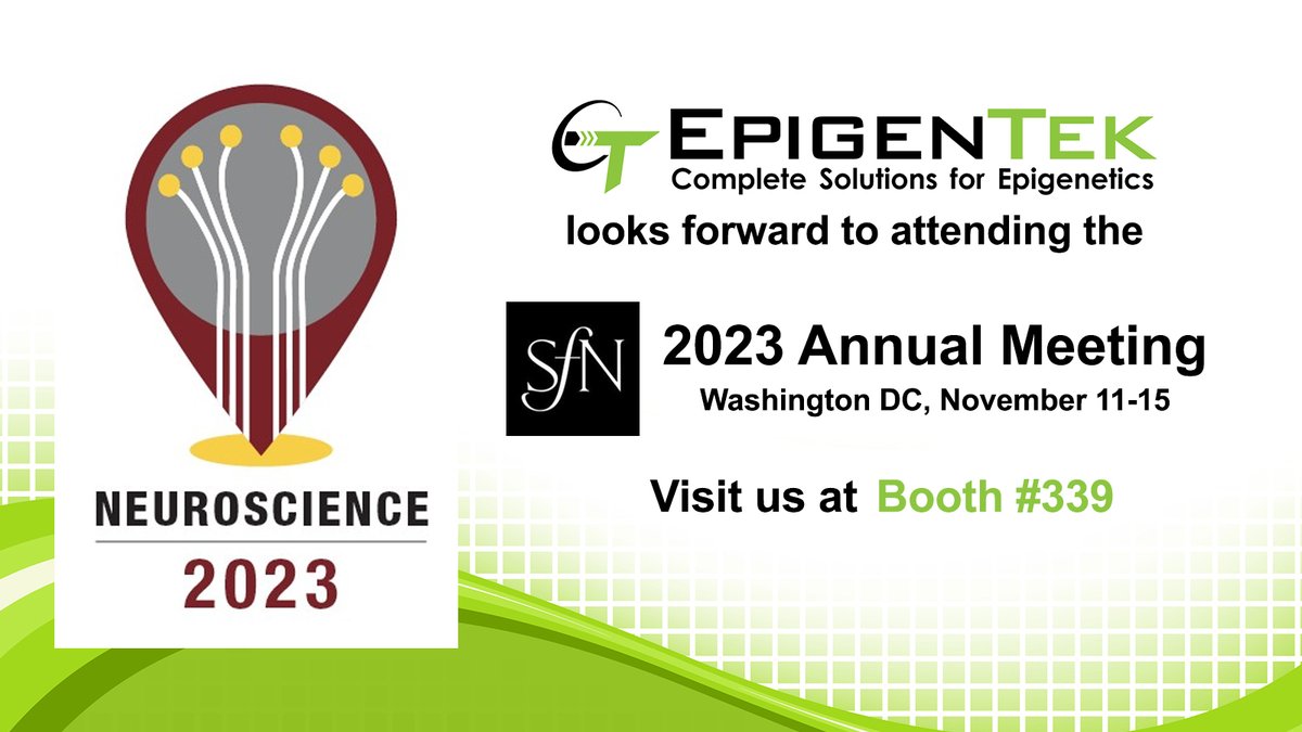 EpigenTek's tweet photo. We're excited to be exhibiting at #SfN23! Be sure to stop by booth #339 where our team of epigenetic experts will be ready to share insights and cutting-edge solutions to help fuel your research. https://t.co/xafs1loZua