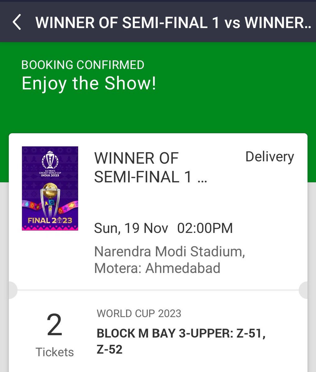 kothiibanglaaaa's tweet photo. 2 tickets for #ICCCricketWorldCup FINALS are available with good view, BLOCK M BAY 3 - UPPER, Hand to Hand Deal in Delhi/Ahmedabad or any other central city. DM
#Finals #BookMyShow #cwc #CWC23INDIA #worldcup #needtickets #finaltickets  #INDvsSA #Needticketsforfinal #cwc23tickets https://t.co/OXBNPK0e1f