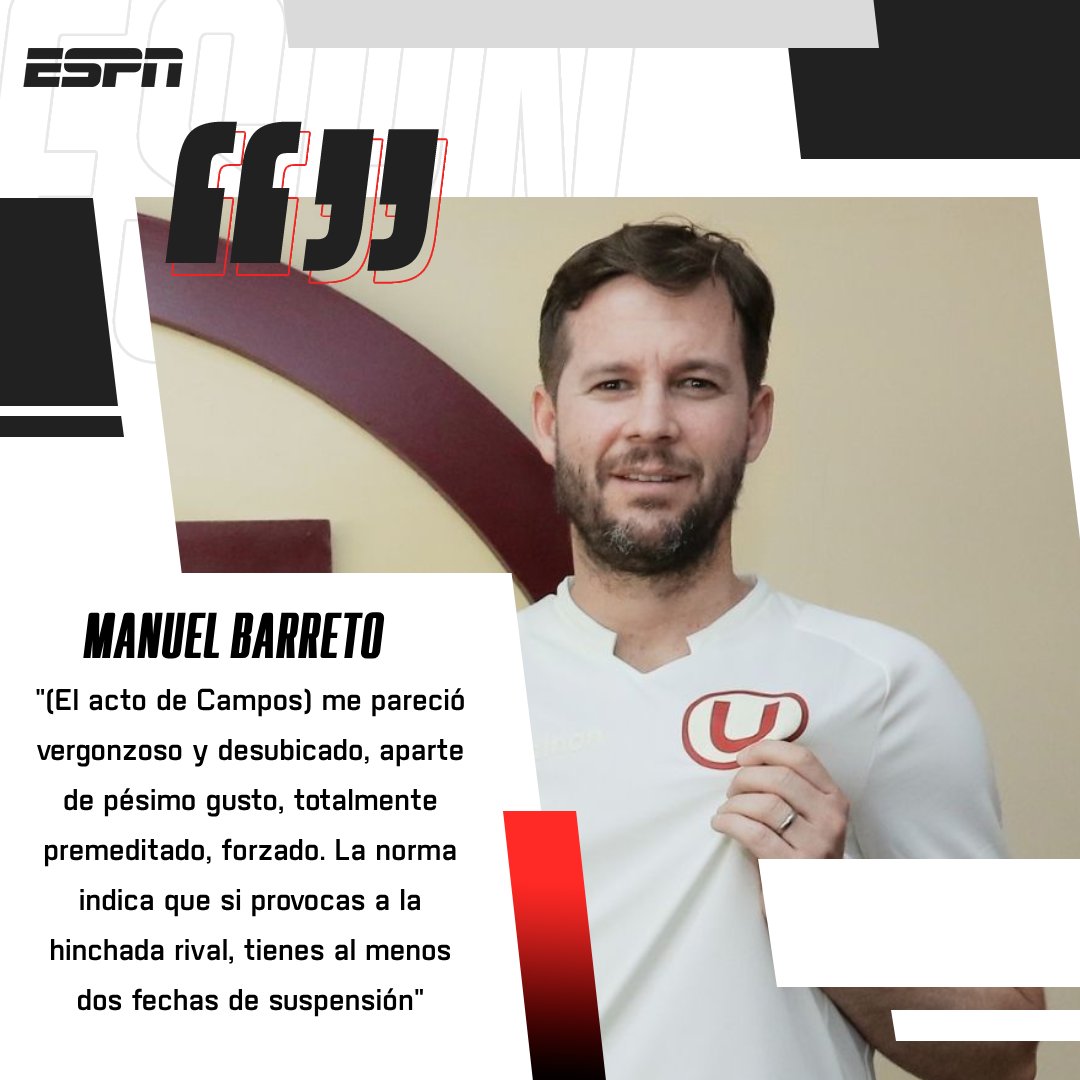 ESPNPeru's tweet photo. "LA NORMA INDICA QUE SI PROVOCAS, TIENES AL MENOS DOS FECHAS DE SUSPENSIÓN"

El director deportivo de Universitario, Manuel Barreto, habló sobre lo realizado por Ángelo Campos en el Monumental y consideró que debe haber "un precedente para que estas cosas no ocurran".

🎙 RPP https://t.co/ANLP4vEZge