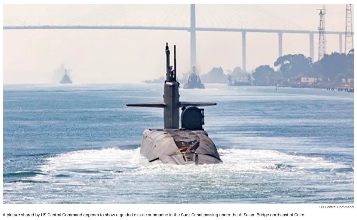 desota's tweet image. In rare announcement, US says guided missile sub has arrived in Middle East, a message of deterrence to adversaries cnn.com/2023/11/05/pol… #submarine #USCentralCommand #SuezCanal #Tomahawk #cruise #missiles
