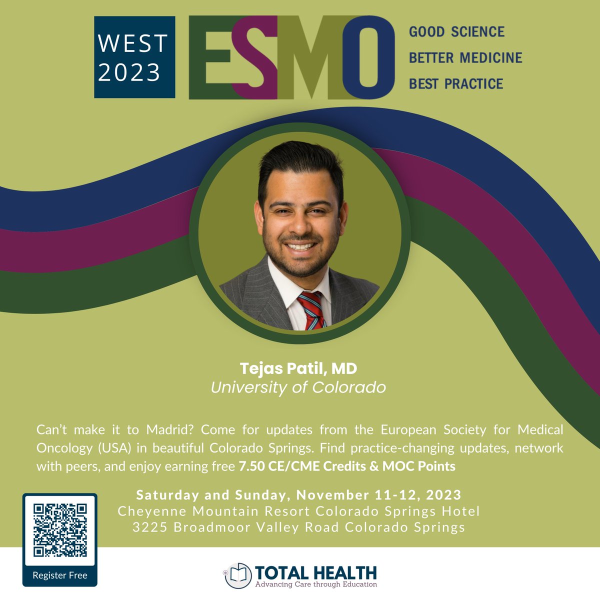 Join me as I share @myESMO  updates on #NSCLC at the upcoming 2023 ESMO West Conference! 

This meeting will be held at the Cheyenne Moutain Resort in Colorado Springs on November 11th - 12th!

Register Free Today: totalhealthoncology.com/esmowest'