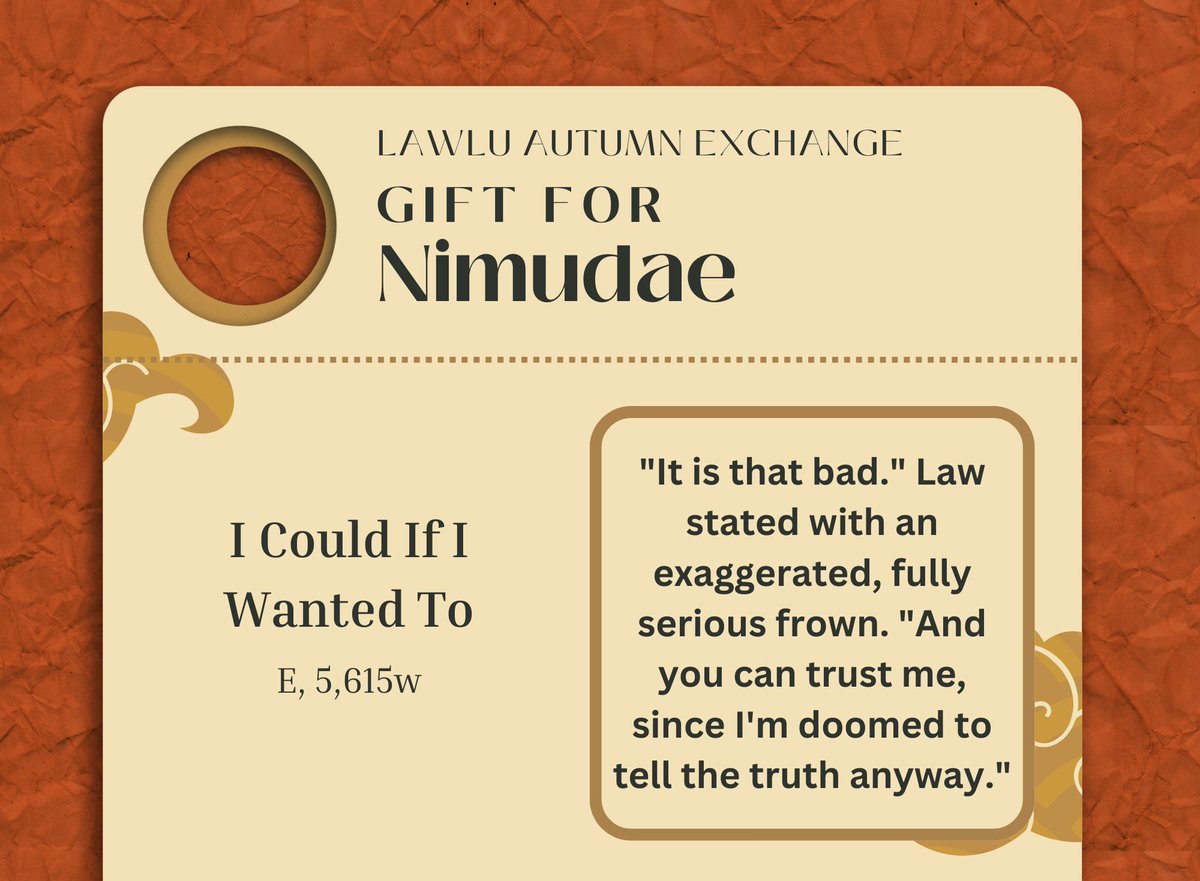 LawluExchange's tweet photo. ❤️ Gift for: Nimudae !

"I Could If I Wanted To"
5,615w | E

https://t.co/HBPMd4ZvPg https://t.co/Kq8p9vZFJT