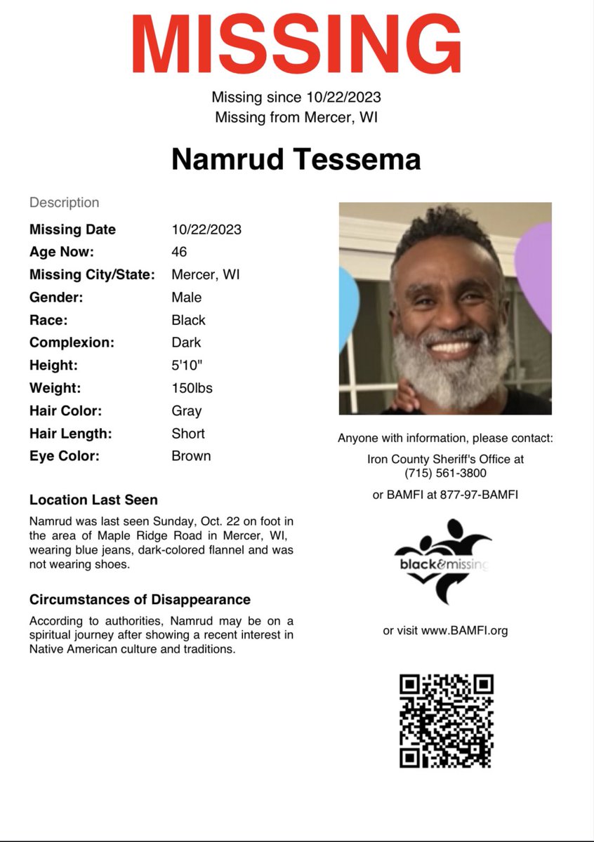 BAM_FI's tweet photo. Mercer, WI: 46y/o Namrud Tessema is STILL missing. He was last seen on October 22nd on foot in the area of Maple Ridge Rd wearing a dark colored flannel, blue jeans &amp; no shoes. He may be on a spiritual journey. #HelpUsFindUs #NamrudTessema https://t.co/ZQHbvHYSSH