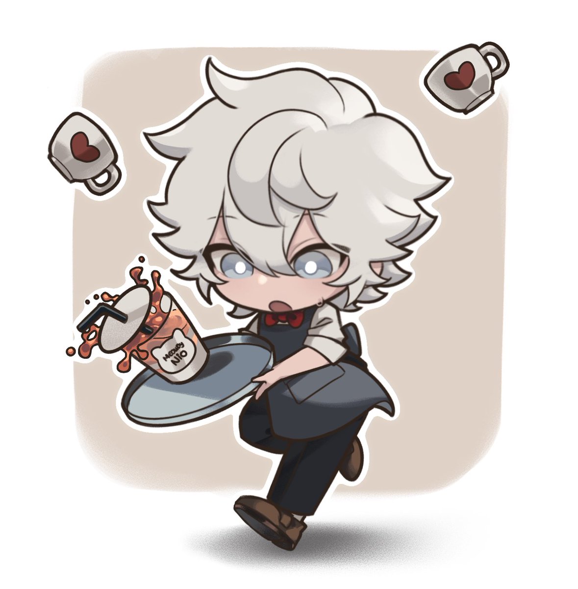 1boy male focus cup coffee chibi solo apron  illustration images