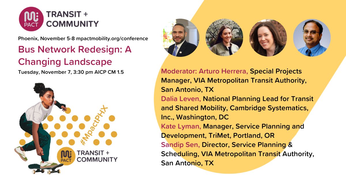 Camsys's tweet photo. At #MpactPHX, learn from 3 agencies at different stages of network redesign!
Tomorrow, CS' Dalia Leven discusses the data used in @WMATA's Better Bus Network Redesign project and how we can use this kind of data to design a network that serves our communities.
@mpactmobility https://t.co/IREcKYpJWr