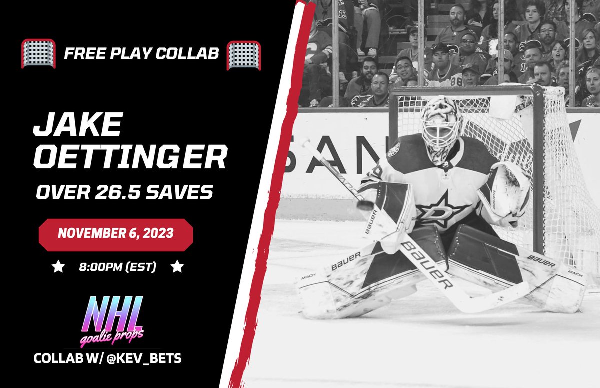 🥅FREE PLAY COLLAB🥅

@kev_bets & @NHLGoalieProps are back tonight for #gamblingtwitter - YOU IN?

FREE PLAY COLLAB 11/06:
(DAL) Oettinger O26.5

#freepicks #freeplays #fanduel #prizepicks #draftkings #BarstoolSportsbook #NHL #GamblingX #NHLPicks #prizepickslocks #sportsgambling