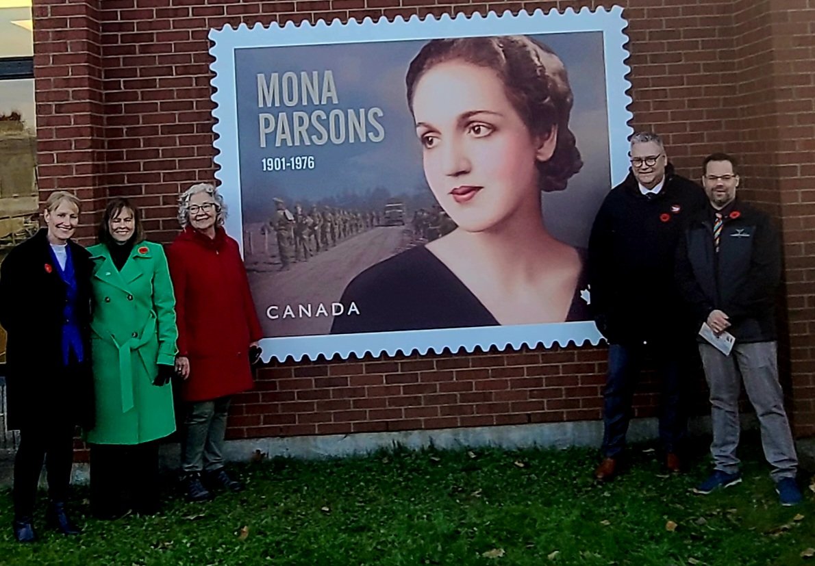 wilsack's tweet photo. Amazing tribute to Mona Parsons.  The unveiling of a stamp by Canada Post today in Town of Wolfville #Wolfville #townofwolfville #wilsackphoto #monaparsons #canadapost #stamp #Novascotia @TownOfWolfville https://t.co/hyFxq0pdsi