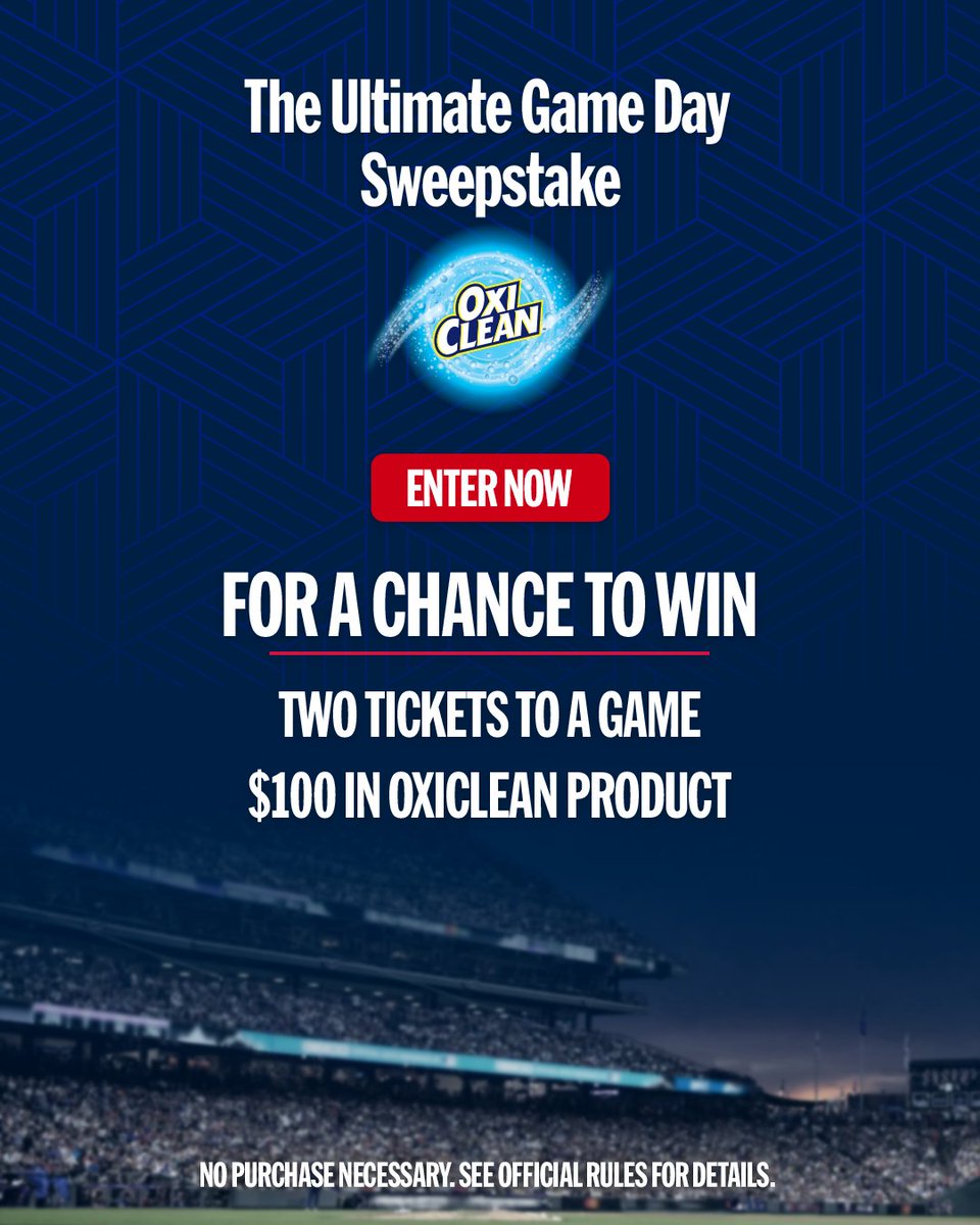 MLB's tweet image. Your next ballgame could be on #OxiClean! ⚾️

Repost and reply to tell us why the tickets should be yours. #UltimateGameDaySweepstakes

(MLB x OxiClean)