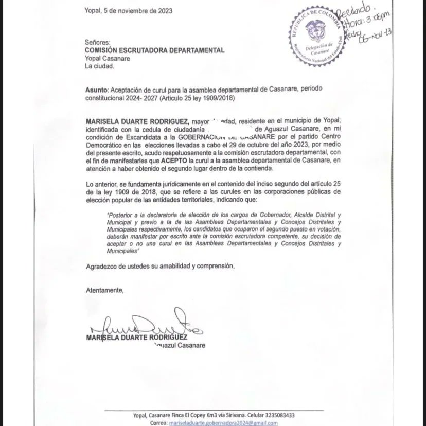 Excandidata a la Gobernación de #Casanare, Marisela Duarte Rodríguez, aceptó la curul de oposición en la Asamblea Departamental.