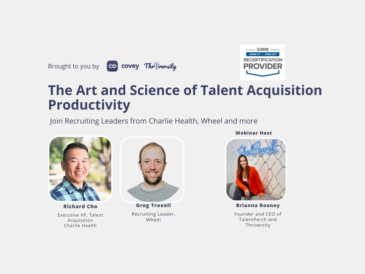On Nov 8 (Thursday) at 11AM PT, we have Talent Leaders Richard Cho from Charlie Health, Greg Troxell from Wheel, and our host Brianna Rooney from Thriversity as they chat about the art and science of talent acquisition productivity.  lu.ma/qyhl4hny