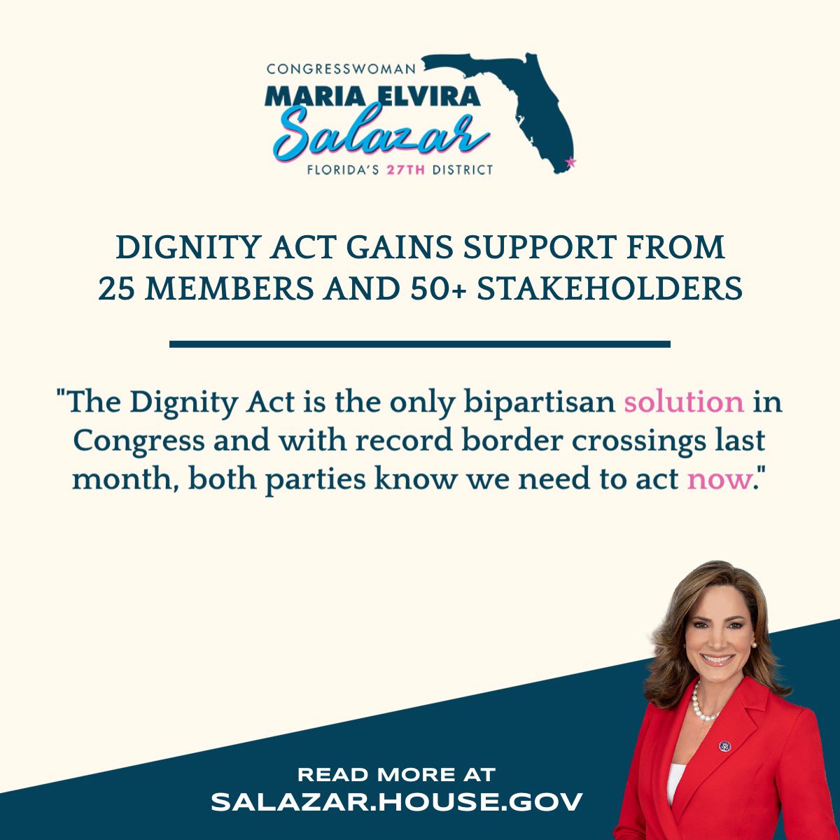 RepMariaSalazar's tweet photo. My immigration bill, the #DignityAct, continues to gain support in Congress. 

The legislation would stop illegal immigration and provide a dignified solution to our broken immigration system. 

I encourage all of my colleagues to sign onto the Dignity Act and get things done! https://t.co/KYi3DVIccD