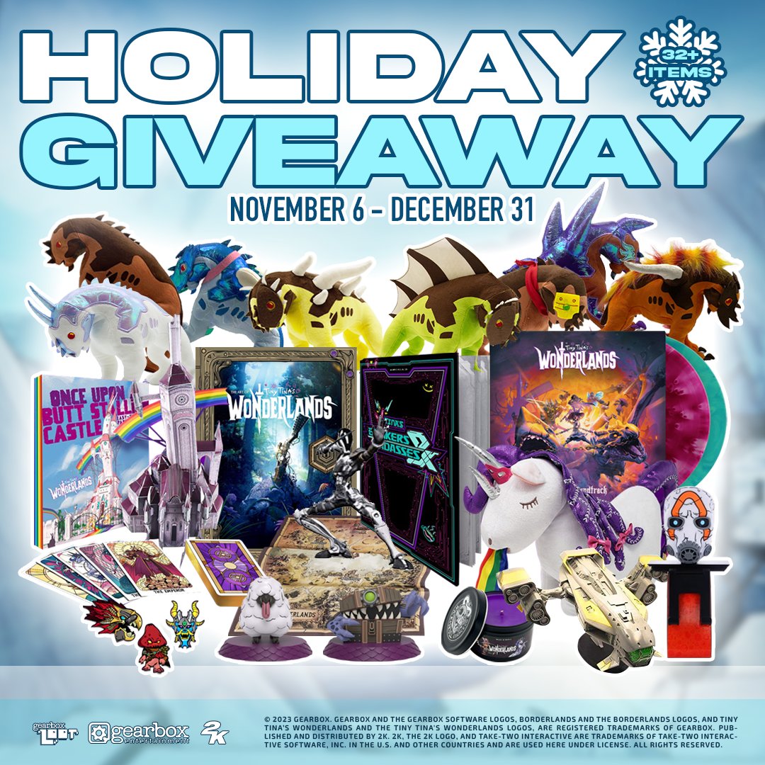 Borderlands (@borderlands) on Twitter photo ❄️ HOLIDAY GIVEAWAY 2023 ❄️
Want a chance to win some super rare and awesome collectibles? Then enter this MASSIVE giveaway from <a href="/GearboxLoot/">Gearbox Loot</a> from now until Dec 31, and you could win 32+ items ✨
➡️ bit.ly/45THq1x ❄️ HOLIDAY GIVEAWAY 2023 ❄️
Want a chance to win some super rare and awesome collectibles? Then enter this MASSIVE giveaway from <a href="/GearboxLoot/">Gearbox Loot</a> from now until Dec 31, and you could win 32+ items ✨
➡️ bit.ly/45THq1x