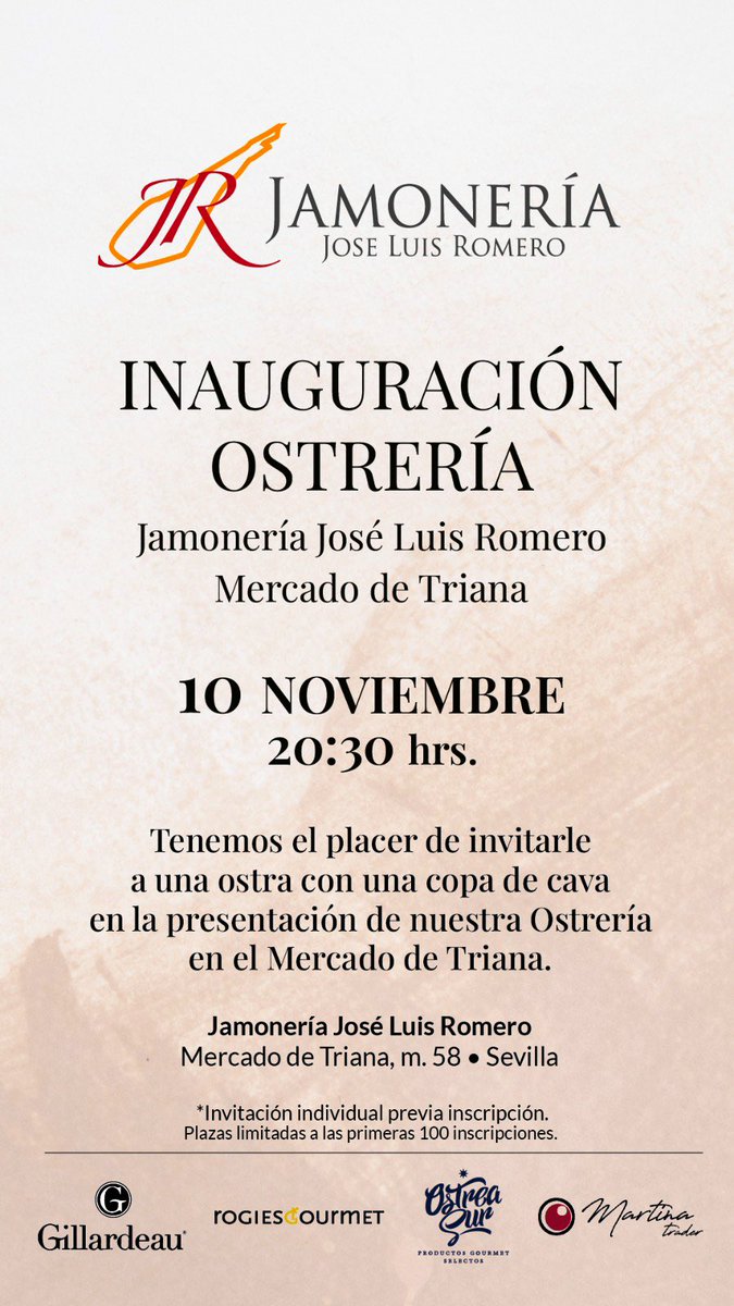 🔴 Presentamos la nueva OSTRERÍA en el Mercado de Triana de JAMONERÍA JOSÉ LUIS ROMERO este viernes 10 de Noviembre a las 20:30 hrs. 🔴❤️‼️💯 🦪🐟 ¡Inscribete! -> forms.gle/8Pnk9dbEHvWBJA…

#ostreria #ostras #gillardeau #champagne #vinos  #Sevilla