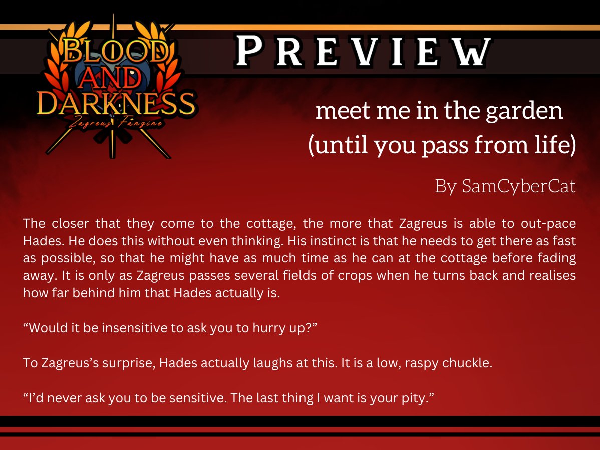 i'm very glad to be sharing the fic i wrote for <a href="/Zagreuszine/">Zagreus Fanzine @ Complete</a> - a look at the father-son bond between zagreus &amp; hades. leftover sales for the zine are open, so check it out!!

archiveofourown.org/works/51410392