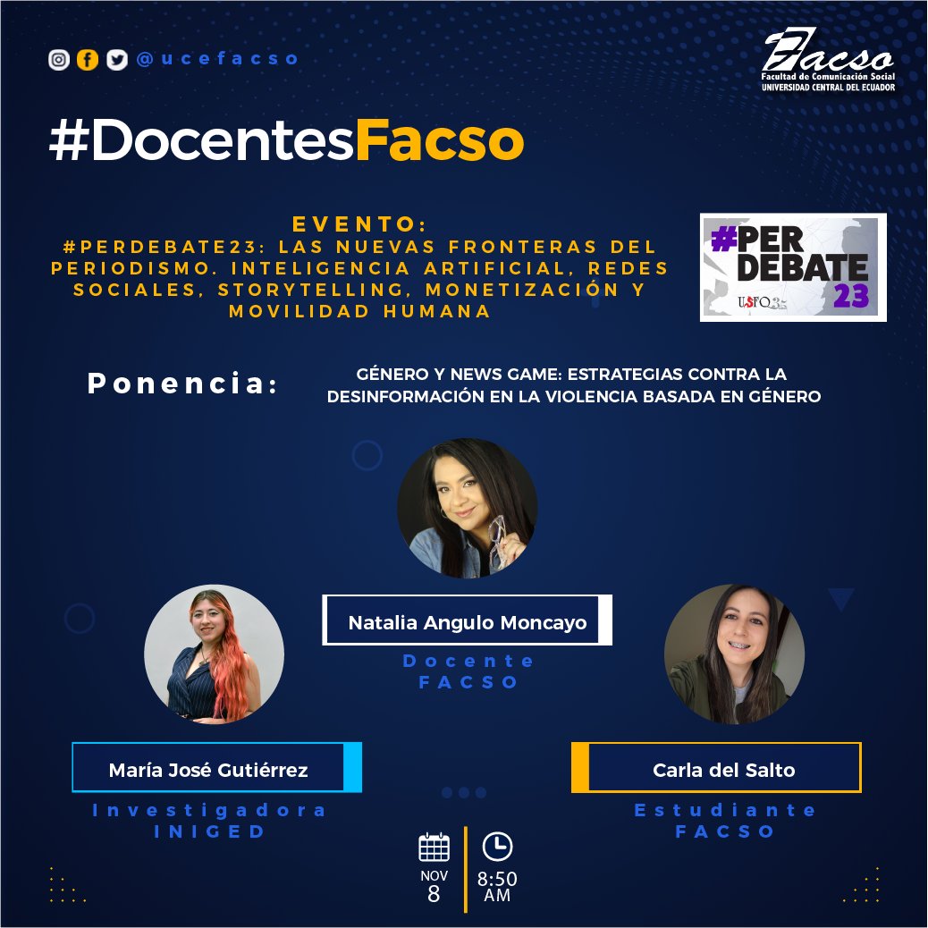 ucefacso's tweet photo. #DocentesFacso junto a #EstudiantesFacso
Este miércoles, 8 de noviembre, la Dra. @Natali_Angulo_M junto a Carla del Salto, docente y estudiante de la Facultad, con María José Gutiérrez, investigadora del @InigedUCE, realizarán una presentación en el #PerDebate23.
@lacentralec https://t.co/UyDrSaByEe
