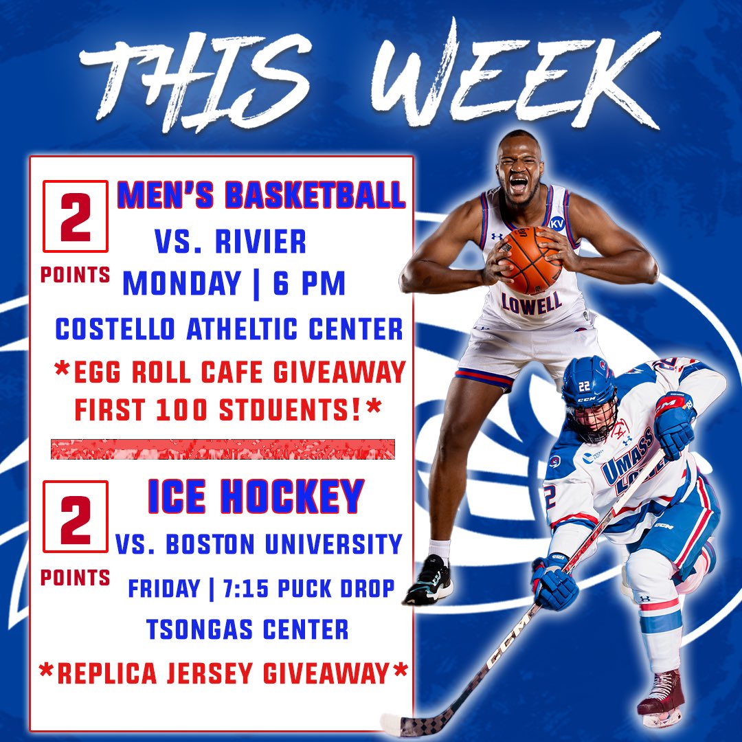 UMLRewards's tweet photo. BASKETBALL SZN IS HERE!! Your River Hawk Men’s Basketball team kick off their season at home tonight at 6pm! Egg Roll Cafe Giveaway to the first 100 students! Hockey is back on the Tsongas ice on Friday when BU comes to town. Puck drop is at 7:15pm with Replica Jersey Giveaway! https://t.co/zlZ0PoBpP0
