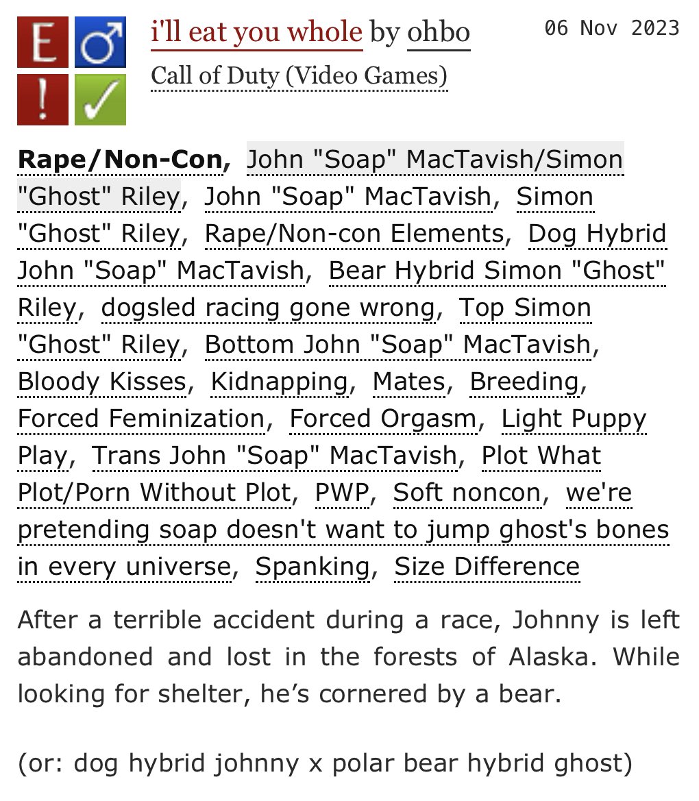 bo! on X: finally finished my noncon bear ghosthusky soap fic! if any of  these tags sound interesting, check it out :) 🔗: t.coVYdcUd21BL  t.co92gWDO1VGQ  X