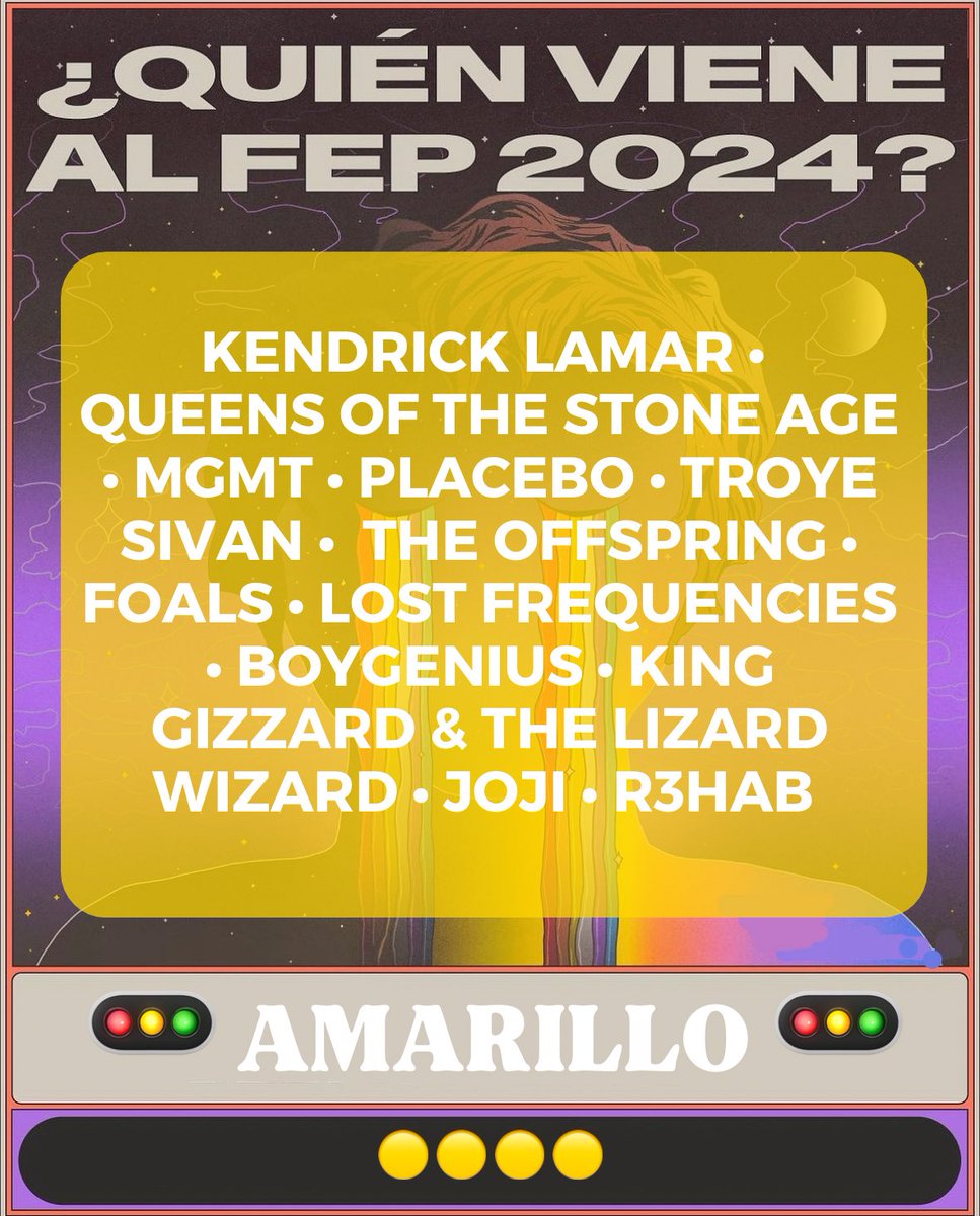 musictrendscol's tweet photo. 🟡 AMARILLO 🟡

Artistas o bandas con posibilidades de estar en el cartel final, pero que aún nos generan algo de duda 🤨

Esperamos que entre cuatro y seis de estos nombres lleguen el cartel final. 

¿A cuál le apuestan? https://t.co/r8F2nd6Mcd