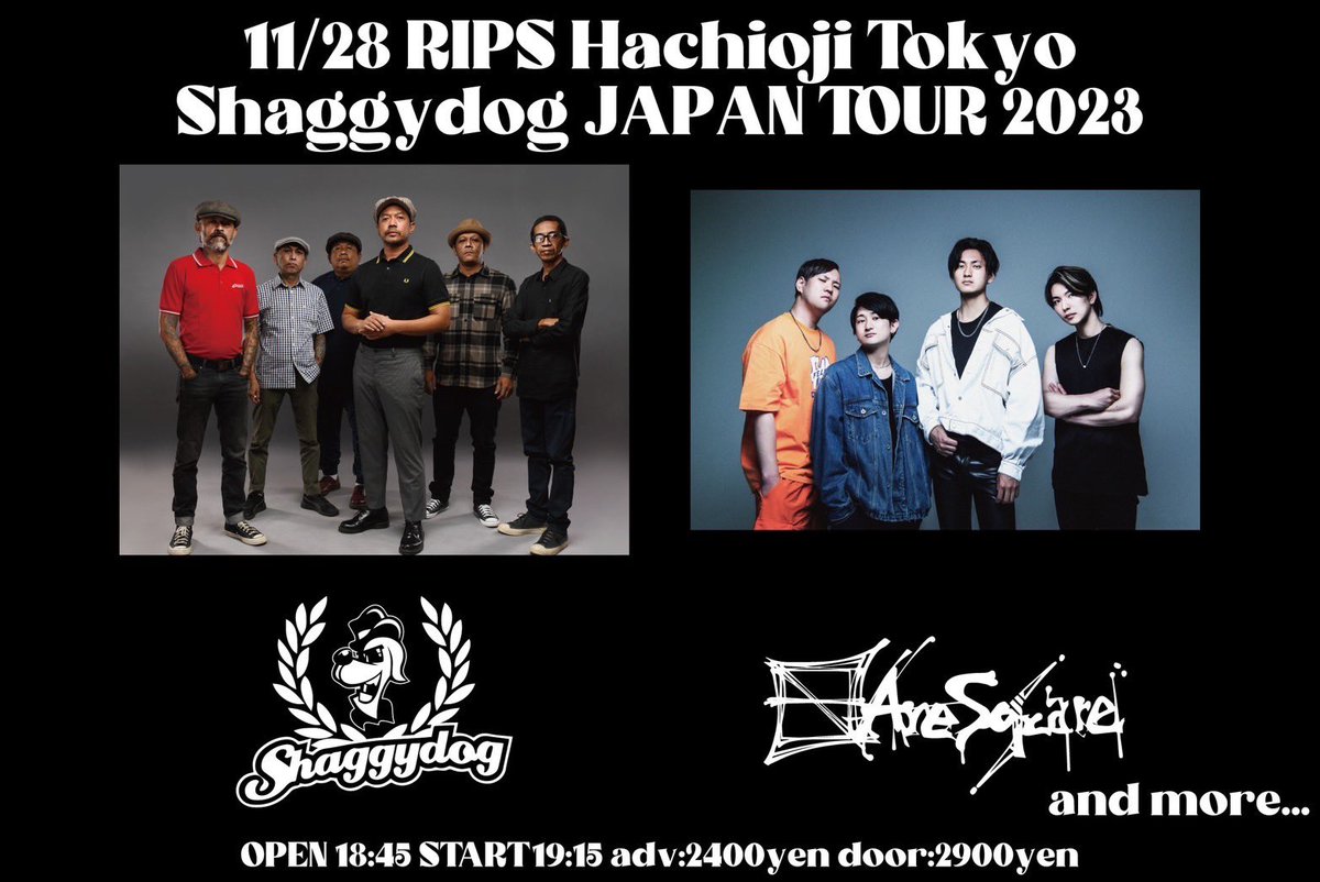 🌏🔸Are Square LIVE INFO🔸🌏

11月28日(火) @八王子RIPS

Shaggydog JAPAN TOUR 2023

OPEN 18:45 / START 19:15
ADV ¥2,400 (+1D) / DOOR ¥2,900(+1D)

<出演>
<a href="/shaggydogjogja/">SHAGGYDOG</a>
<a href="/we_are_sq/">Are Square</a>
and more…!

取り置き等のご連絡はDMまたはHPより🌐
wearesquare.ryzm.jp