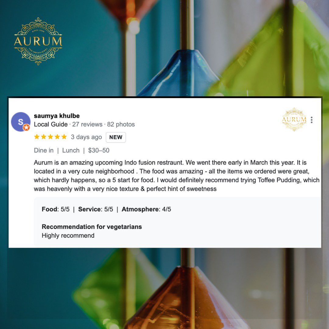 We're thrilled to share this heartwarming review from Saumya Khulbe. Join us at Aurum for an unforgettable dining experience that's all about exceptional food and delightful moments. Don't miss our heavenly Toffee Pudding, a perfect blend of texture and sweetness #AurumExcellence