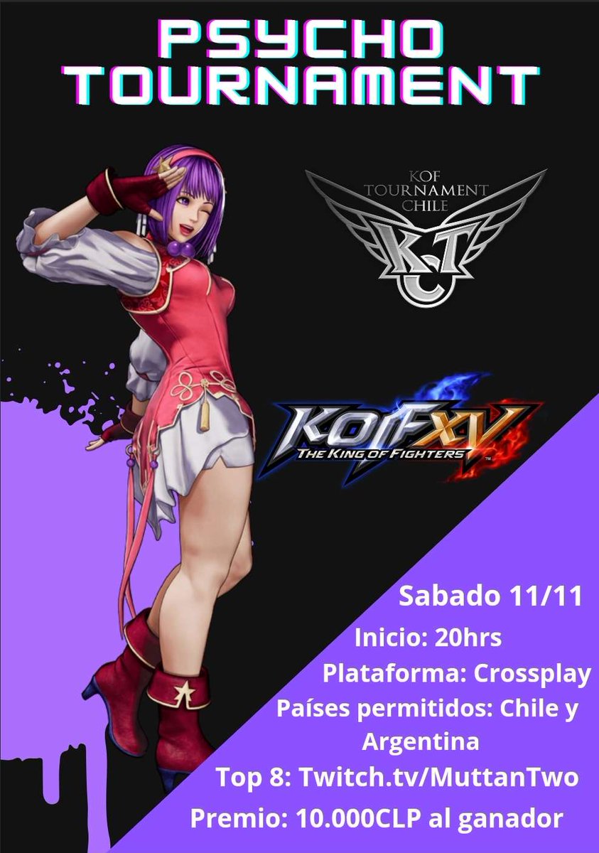 Para hacer vivir algo mas la comunidad, traigo mi pequeño TORNEO

Psycho tournament es mi pequeño y humilde proyecto creado principalmente para que los jugadores puedan probar cosas y practicar en KOFXV 

Discord: discord.gg/tnbjjWUM

Registro: start.gg/tournament/psy…