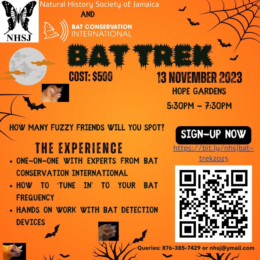 Wildjamaica 🇯🇲 (@wildlifejamaica) on Twitter photo The <a href="/Naturalistja/">The Natural History Society Of Jamaica 🇯🇲</a> , in collaboration with <a href="/BatConIntl/">Bat Conservation International</a> *Bat Trek* (an exciting night stroll) on *Monday 13 November 2023* at *5:30pm* at <a href="/hopegardensja/">Hope Royal Botanic Gardens Jamaica</a> Register to participate at bit.ly/nhsjbat-trek20…. The <a href="/Naturalistja/">The Natural History Society Of Jamaica 🇯🇲</a> , in collaboration with <a href="/BatConIntl/">Bat Conservation International</a> *Bat Trek* (an exciting night stroll) on *Monday 13 November 2023* at *5:30pm* at <a href="/hopegardensja/">Hope Royal Botanic Gardens Jamaica</a> Register to participate at bit.ly/nhsjbat-trek20….