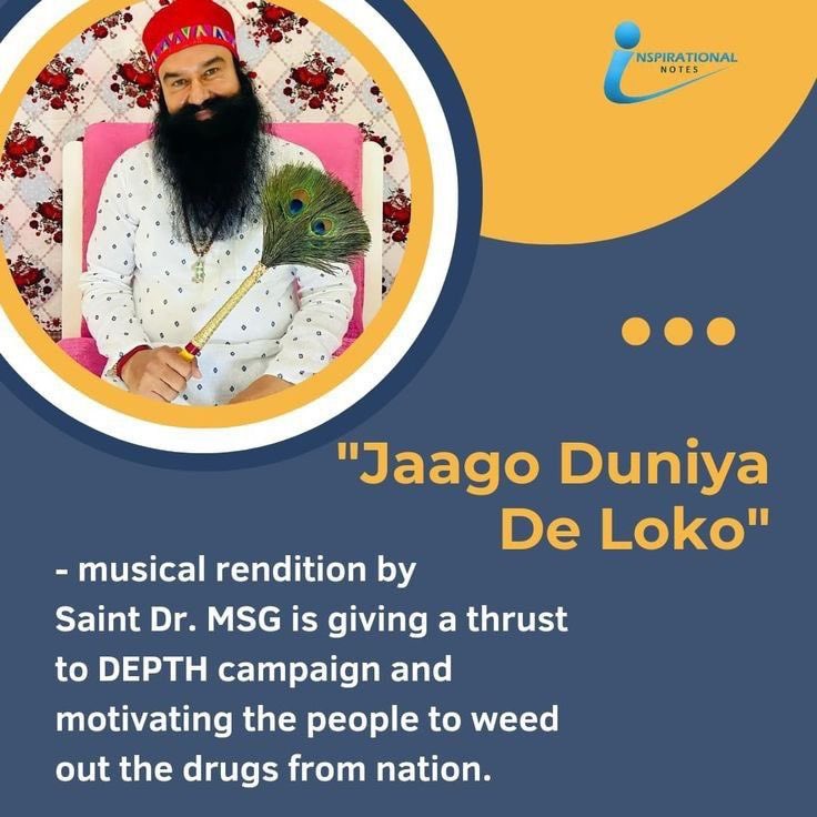 KamliSnaya's tweet photo. To save the youth of the country from drugs, Saint Gurmeet Ram Rahim Ji has started DEPTH Campaign , under which youths get rid of drugs free of cost by connecting them with the name of God and make them a good human being. #DrugFreeNation https://t.co/r7Q73UITN6