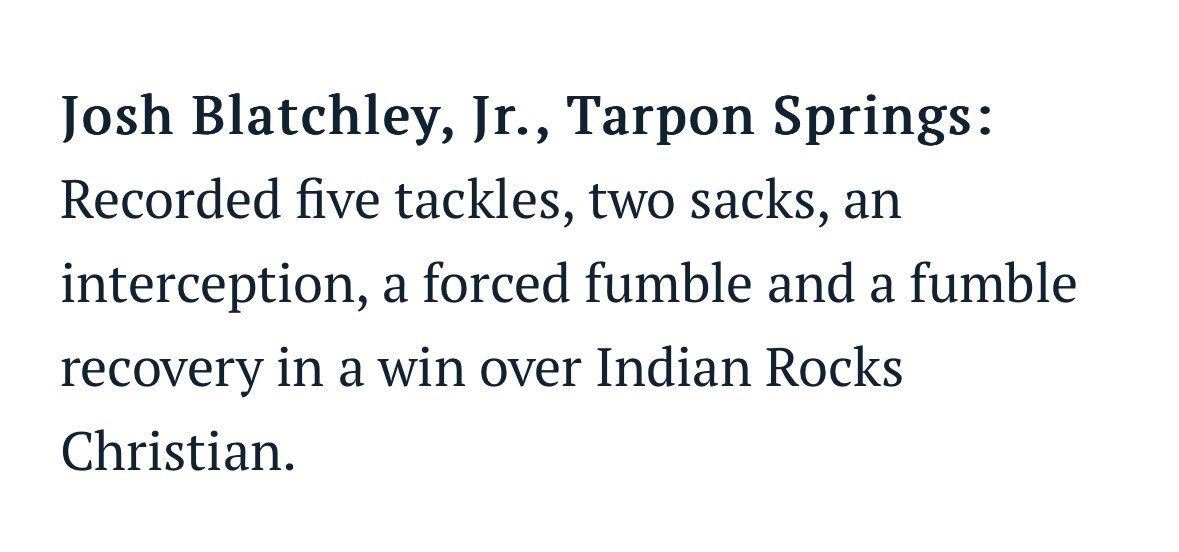 Very blessed to be nominated for defensive player of the week for Pinellas County 
<a href="/tshs_football_/">Tarpon Springs Football</a> <a href="/USFFootball/">USF Football</a> <a href="/USFRecruits/">USF FB Recruiting</a> @ToddOrlandoUSF <a href="/PinellasHSMedia/">Pinellas Highschool Media Group</a> <a href="/PinellasSports/">PinellasCountySports</a> <a href="/BigCountyPreps1/">BCP SPORTS</a> 

primetimepreps.com/2023/11/06/foo…

￼

￼