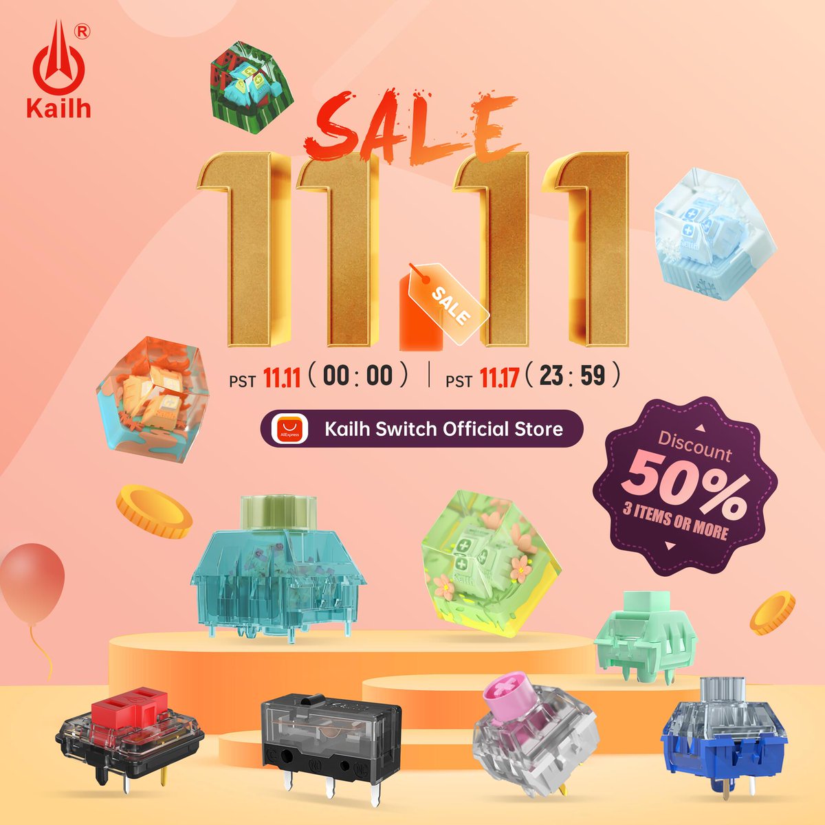 11.11 SALES🎉🛒🛒💰
.
TIME: PST. 11.11. 00:00 -  PST 11.17 23:59
.
DISCOUNT: 50%off ( 3 Iterms or more)
.
Kailh Switch official Store, Link in the bio.
.
.
.
#keycaps #summer #spring #Kailh #Winter #autumn #sales1111 #keyboardswitches #hotsales📷 #sales11nov #switches