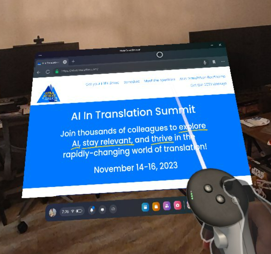 Playing with a virtual reality headset and checking out the AI in Translation Summit website.

Have you signed up yet? 😉

aiintranslation.com 

#ai #AITranslation