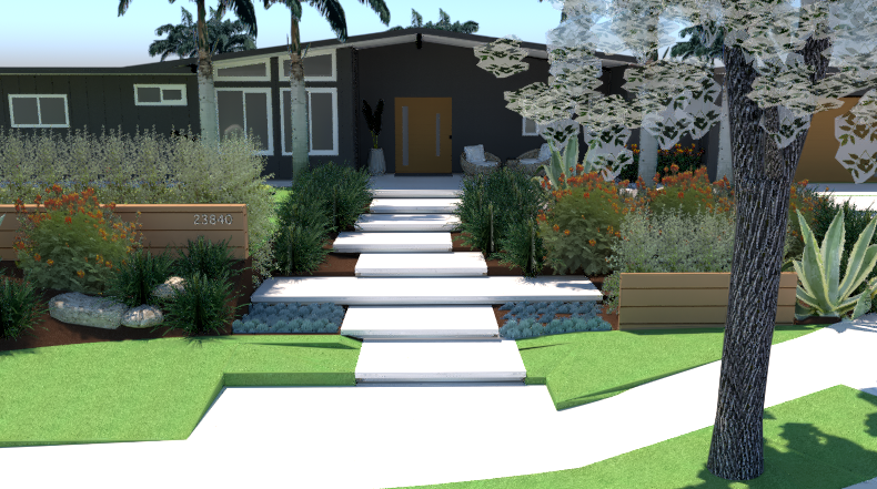 New water-wise front yard? That's what these lovely clients are getting. So you'd like to remodel the backyard too? Let's upgrade the aging pool, add a spa &amp; Baja shelf, an outdoor lounge-kitchen-dining combo &amp; fire pit. Remodeled MCM landscape fresh from 2edenstudio design desk