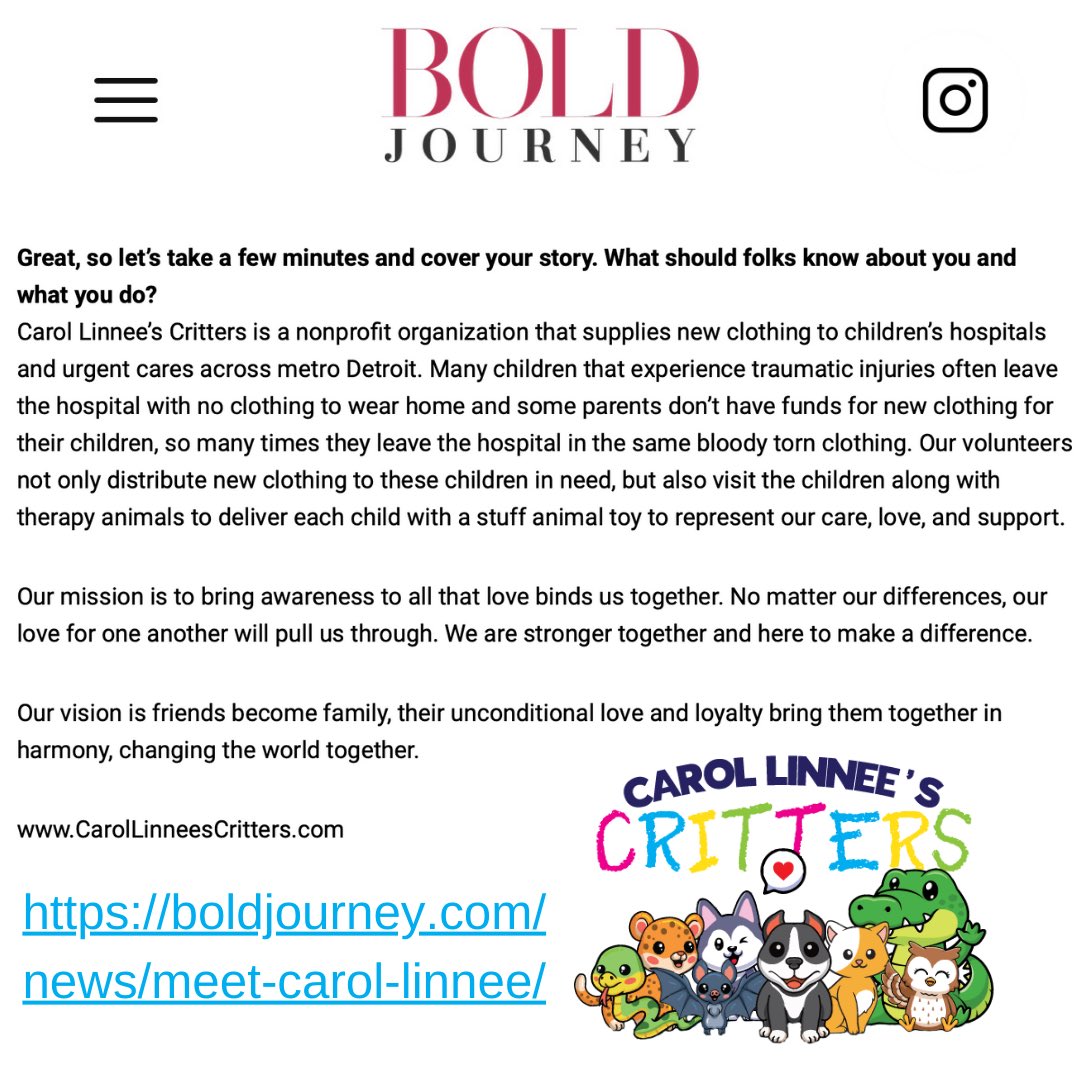 Check out our amazing feature with Bold Journey Magazine!🏆
We are truly blessed and honored!🥰  Thank you! 🤍
boldjourney.com/news/meet-caro…
#CarolLinneesCritters #BoldJourneyMagazine #Article #Feature #Magazine #Spotlight #Blessed #Honored #Grateful #Thankful #MakeADifference